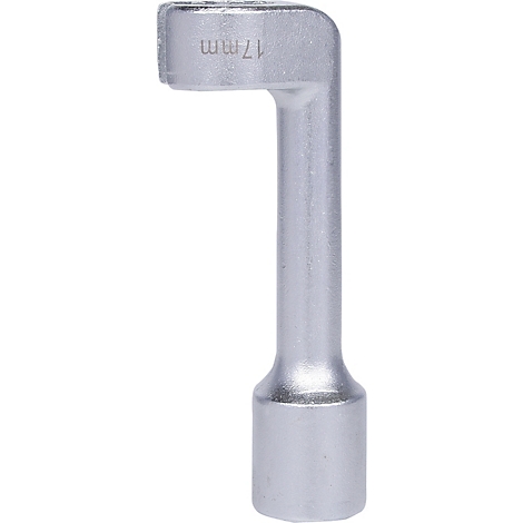 Abgewinkelter silberner Schraubenschlüssel, mit '17 mm' beschriftet.